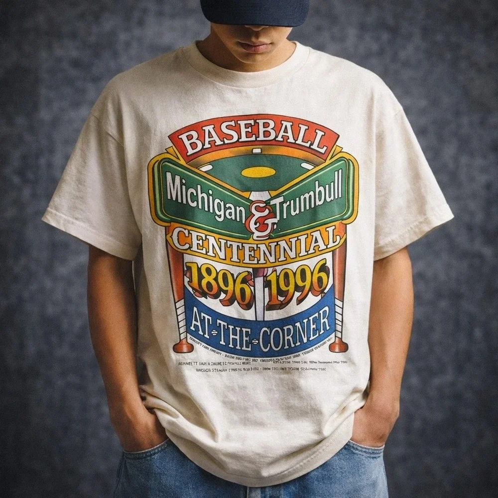Vintage Single Stitch 1996 Michigan & Trumbull Baseball‎ Shirt Delta XL USA